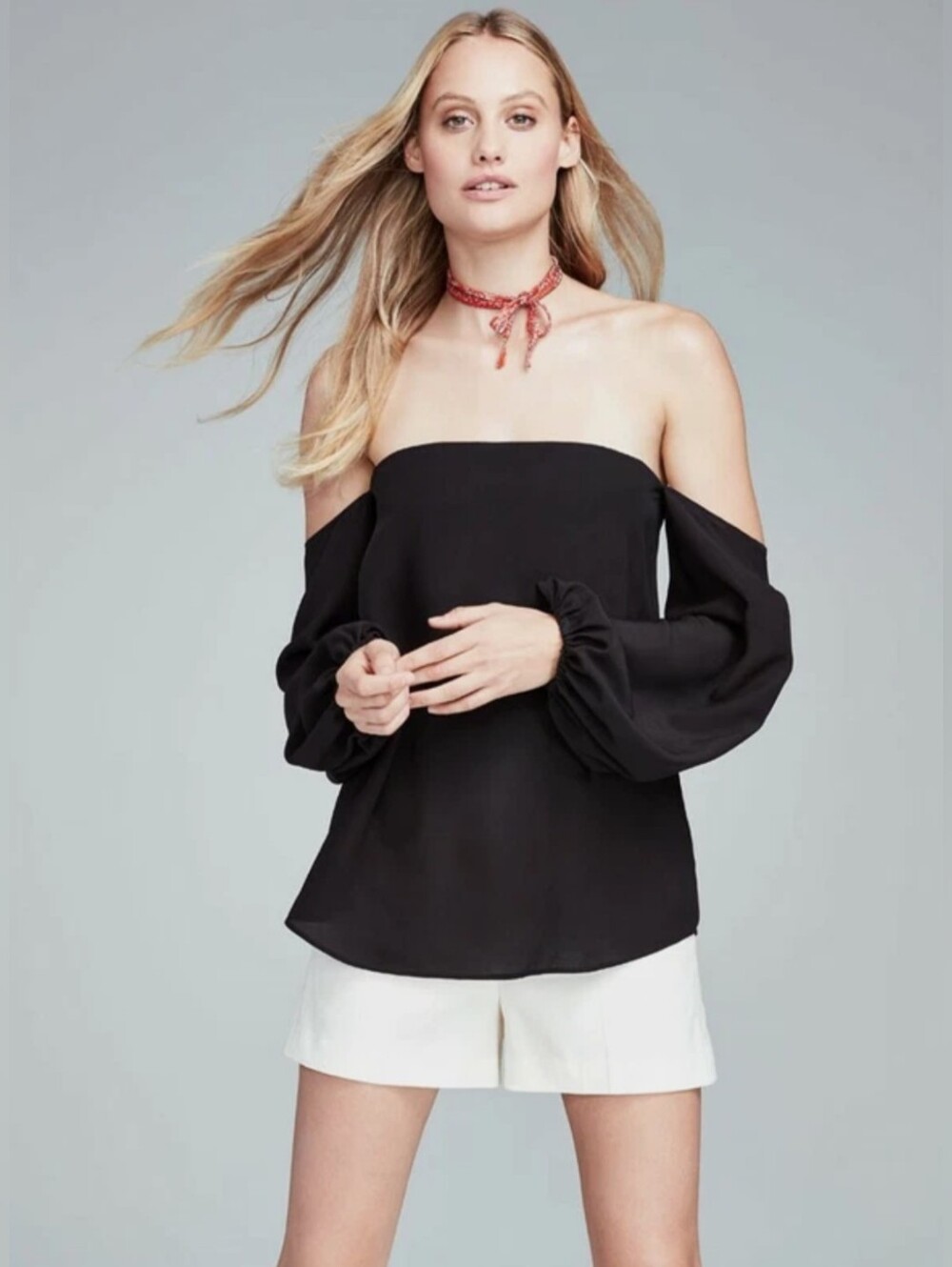 Theory Laureema Mosaic Black Silk Off-The-Shoulder Bishop Sleeve Top Size 00